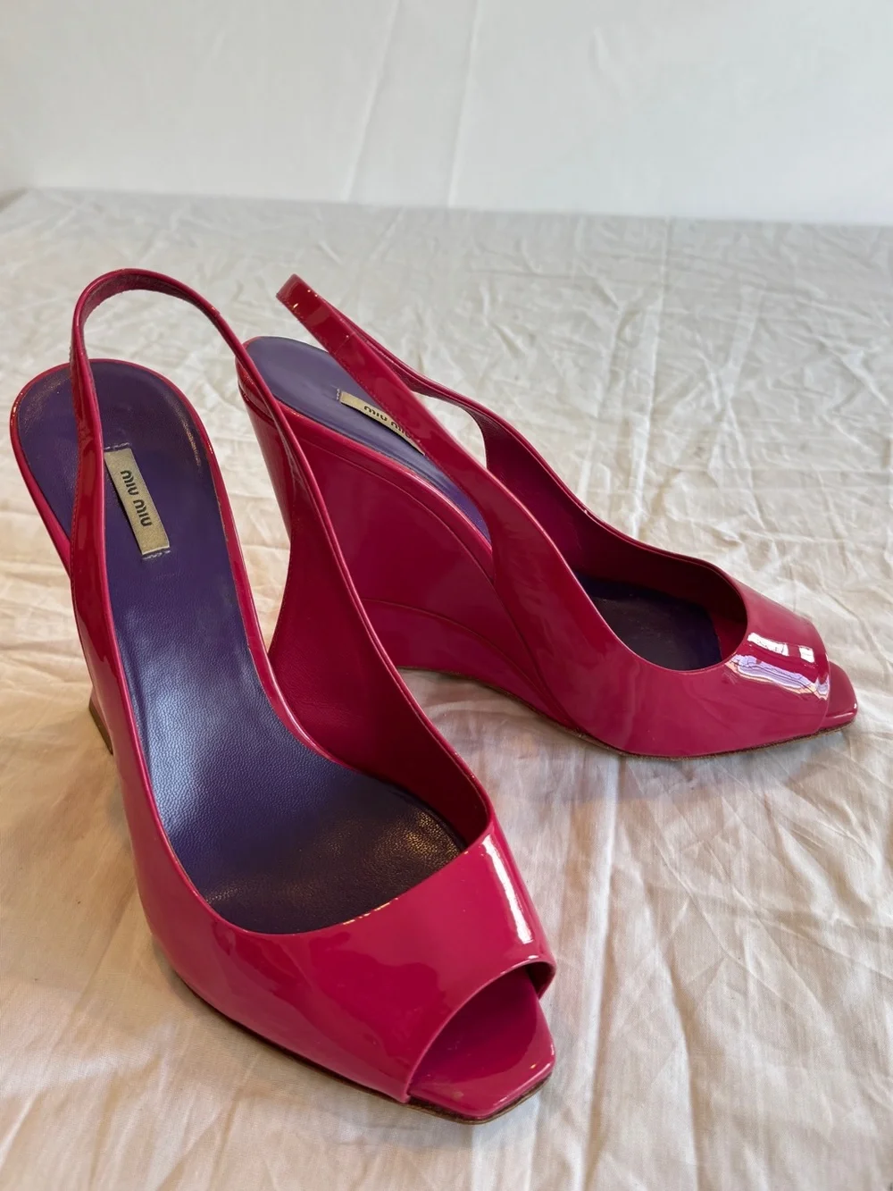 Miu Miu Hot Pink Patent Leather Slingback Wedges